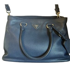 Prada navy blue pebble leather two way shoulder crossbody bag silver hardware